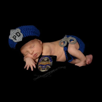 

DreamShining Handmade Knitted Baby Hat Newborn Photography Props Accessories 1 Year Birthday Photo Kids Caps Blue Police Outfit