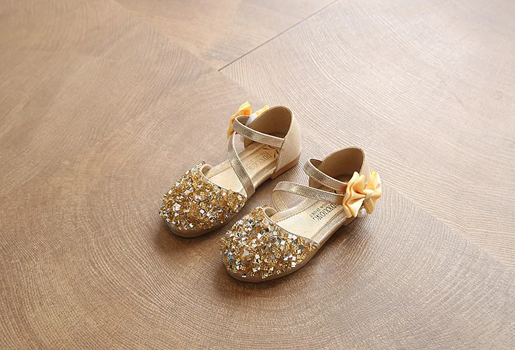 12 моделей хрустальных сандалий для девочек блестящая Летняя обувь детские пляжные сандалии для девочек с бриллиантами и жемчугом туфли принцессы Детские размер 21-36 - Цвет: Bow gold