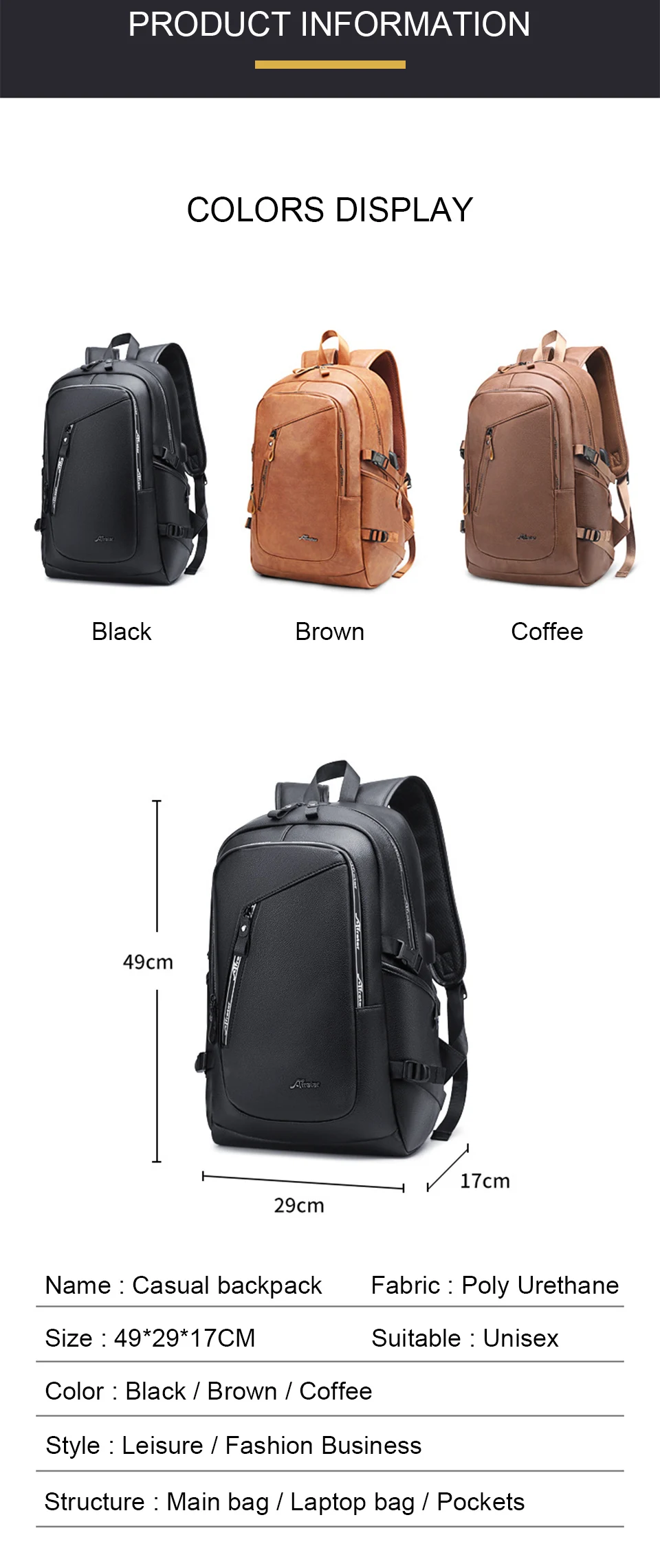 Leather Backpack Laptop 15.6 Inch Backpack Men Women PU Bagpack Waterproof USB Charging Smart Bag College Girls Boys Casual Bags (2)