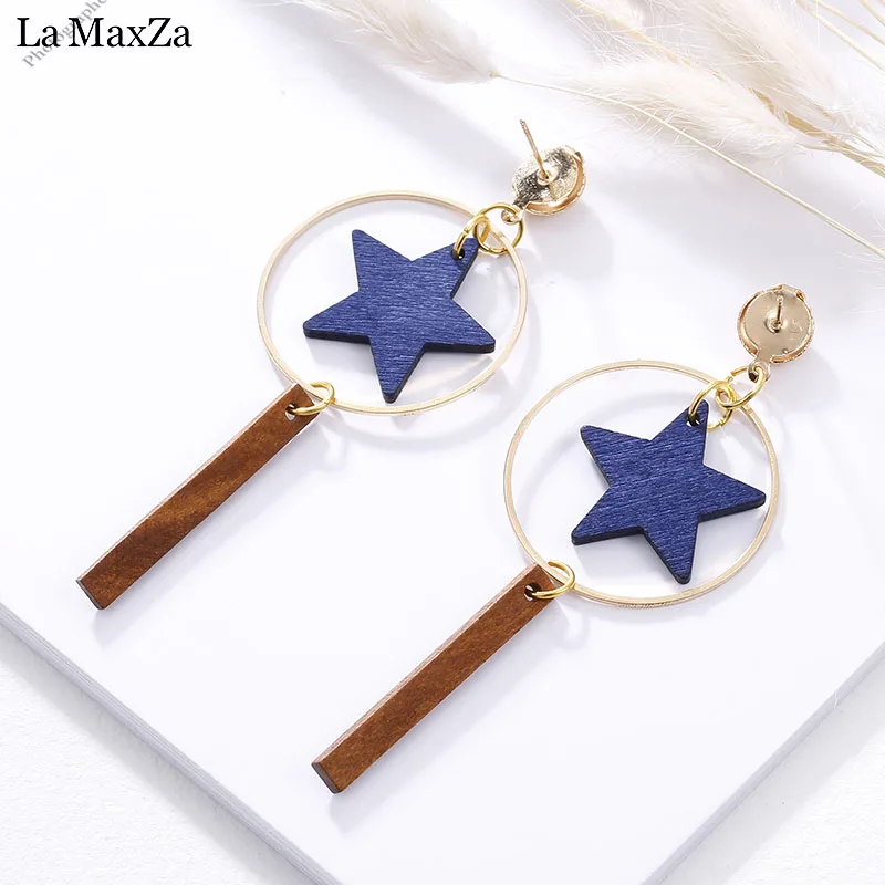Женские серьги из натурального дерева сплава синего цвета с подвеской в виде