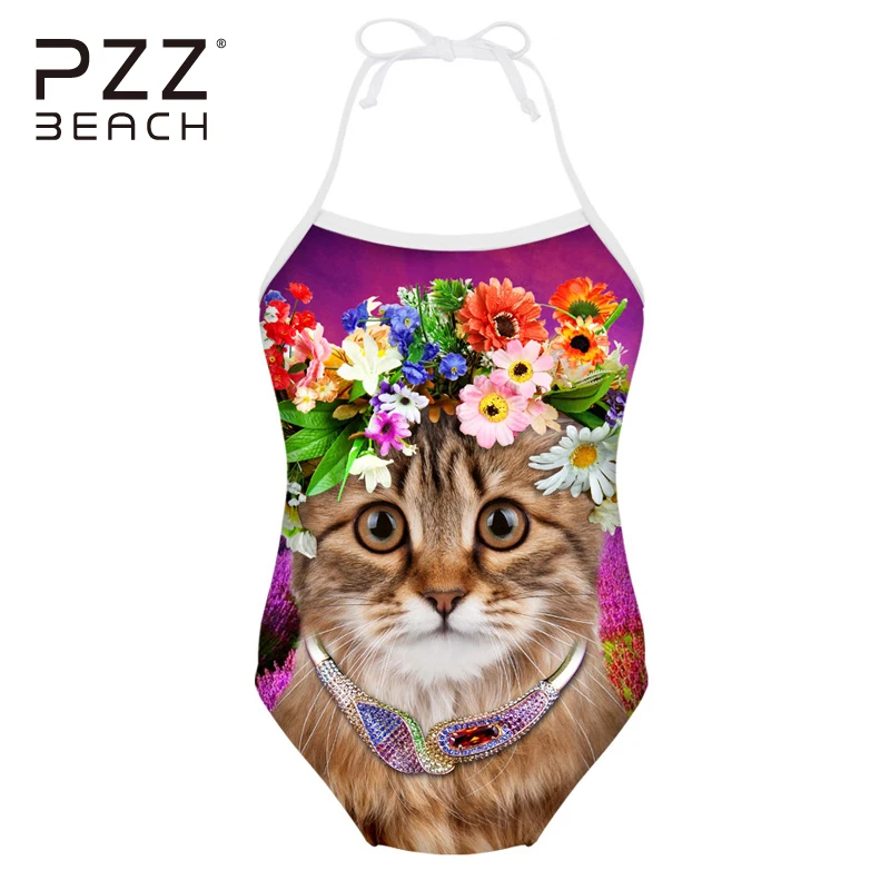 Фиолетовый цвет 3D Cat Дизайн купальник Высокая Талия Дети Купальники Холтер купальные костюмы из одного предмета купальные костюмы для