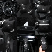Diamond Crown Leather Car Seat Interior Accessories Steering Wheel Covers Headrest Neck Crystal Handbrake Gear Shift