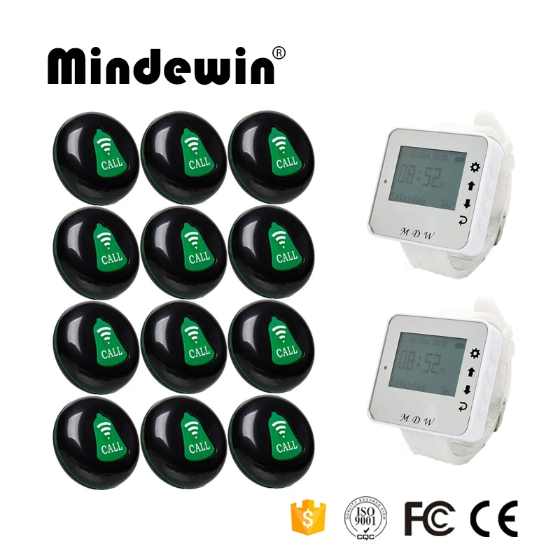 

Mindewin Restaurant Wireless Service Calling System 12PCS Service Call Button M-K-1 and 2PCS Watch Pager M-W-1