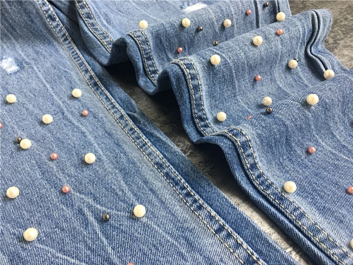 2017 fashion European and American women's high waist Slim straight pearl 3-color studs irregular feet tassel washed cowboy trousers (22)