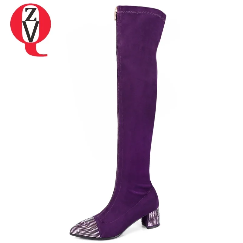 

ZVQ 2018 new fashion sexy pointed toe lycra over knee boots winter high square heel front zip crystal party big size women shoes