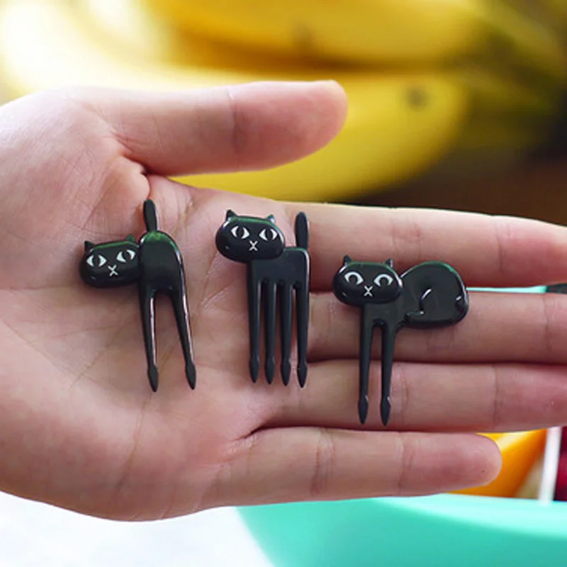 FHEAL New 6Pcs Mini Animal Fork Fruit Picks Cute Cartoon Black Cat Children Fork Toothpick Bento Lunch Box Decor Accessories  (11)
