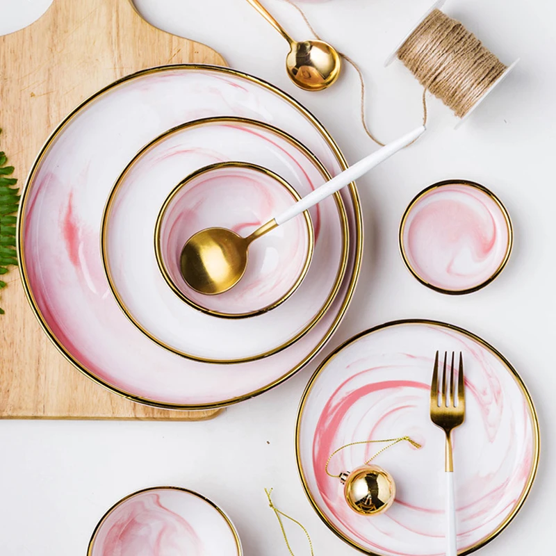 Набор из 4 человек, керамическая обеденная тарелка из розового мрамора, миска для риса, салата, лапши, тарелки для супа, наборы посуды, кухонная посуда, инструмент для приготовления пищи