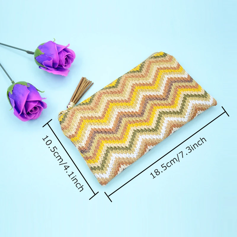 BONAMIE الأزياء PP نسج النساء حقيبة مستحضرات تجميل شرابة الإناث التجميل حقيبة موجة شريط المنسوجة المكياج حقيبة فتاة مخلب محفظة حقيبة شاطئية