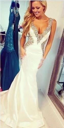 

White Ivory Long Evening Dress Mermaid Luxury rhinestone evening gown Sexy Deep V Neck Back Women Formal dress great gatsby