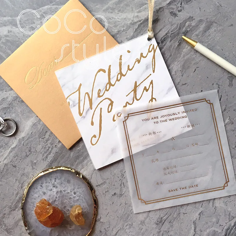  Cocostyles personalized fashion marble invitation card with gold foiling printing tracing paper for - 32891324553