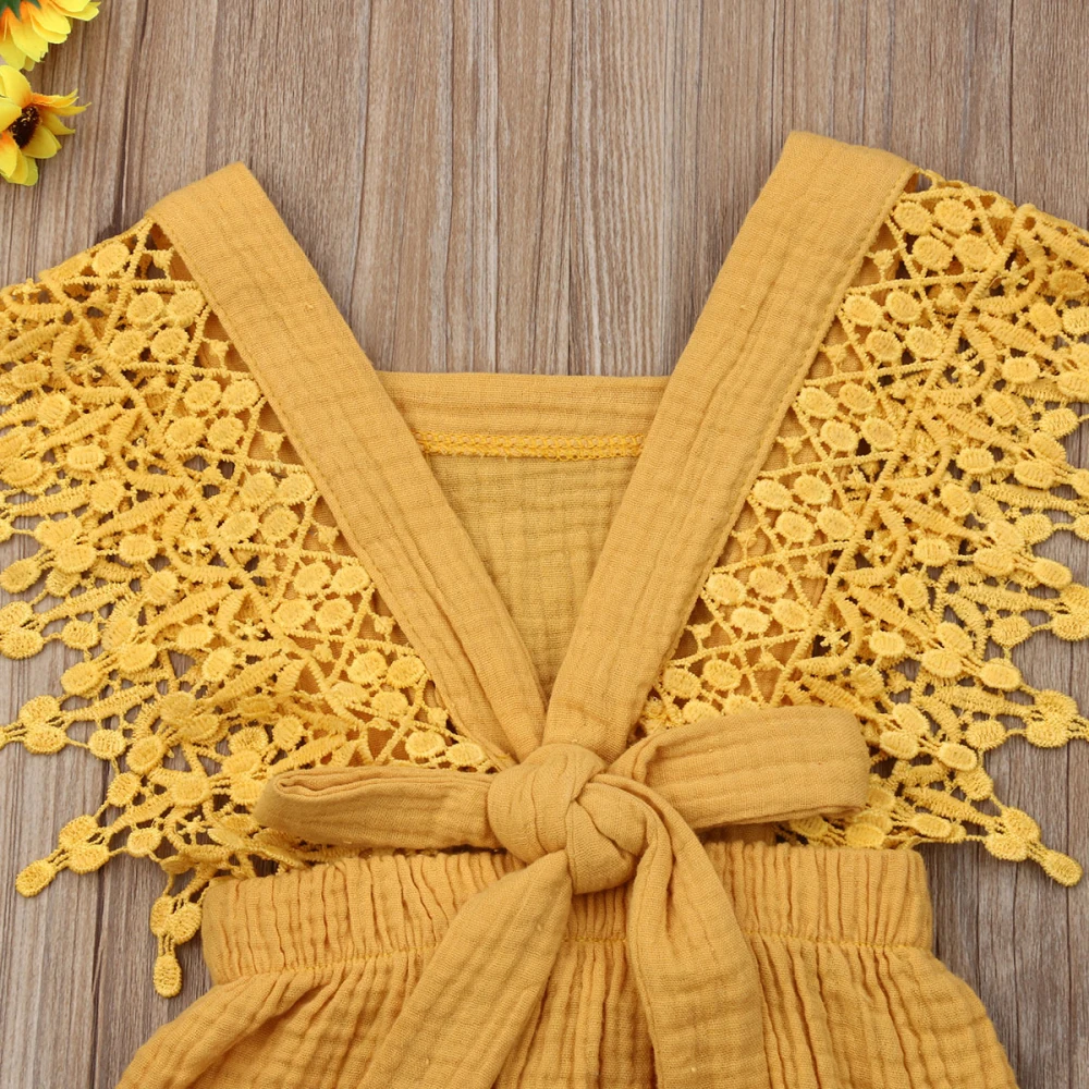 Фирменная Новинка жаркое лето новорожденного Sweet наряды Детский комбинезон с оборками для детей ясельного возраста Кружевное боди без рукавов бантом комбинезон пляжный костюм
