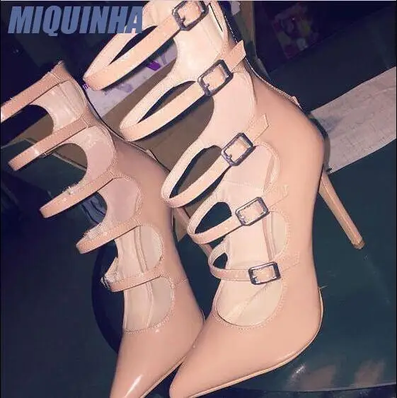 MIQUINHA Spring Fashion Patent Leather Women Thin Buckles Pumps Sexy Pointy Toe Ladies Zipper Back High Heels Dress Shoes