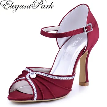 

Woman Shoes Burgundy High Heel Buckle Rhinestones Sandals Satin Wedding Bridal Shoes Bridesmaid Evening Prom Party Pumps EL-033