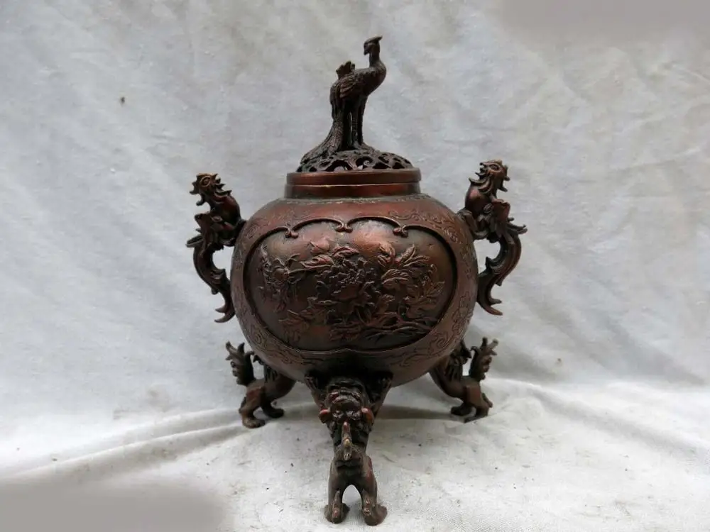 

Fine red bronze censer China phoenix Foo Dogs lion copper incense burner Statue (D0426)