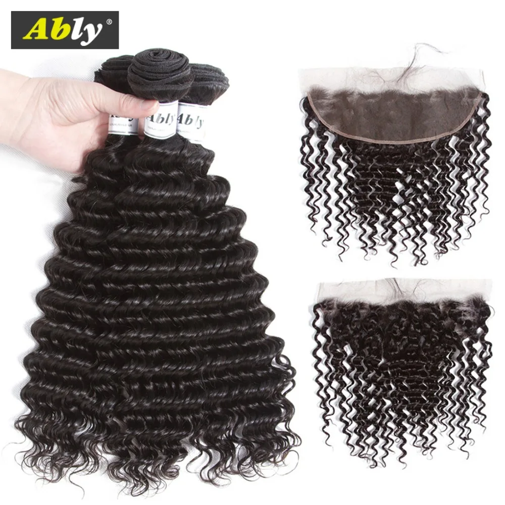Peruvian Deep Wave Bundles With Frontal Remy Hair Extensions Human Hair Bunldes With Lace Frontal Closure 3 Bundles With Frontal