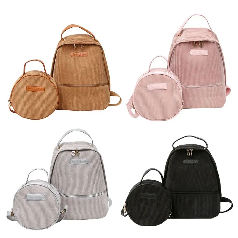 Best Fashion 2Pcs Girls Solid Color School Bag Corduroy Backpack Small Zipper Crossbody Phone Pouch Shoulder Bags Rucksack Bookbag