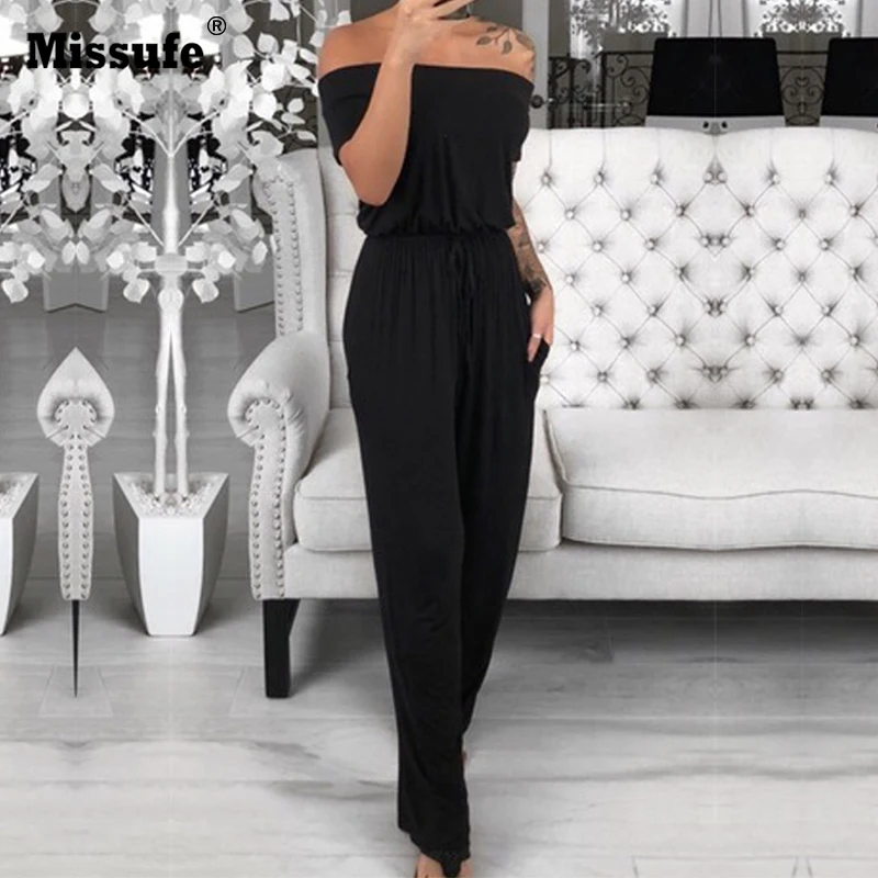 

Missufe Sexy Jumpsuits Slash Neck Drawstring Rompers Womens Jumpsuit Combinaison Femme Overalls For Women Bodysuits