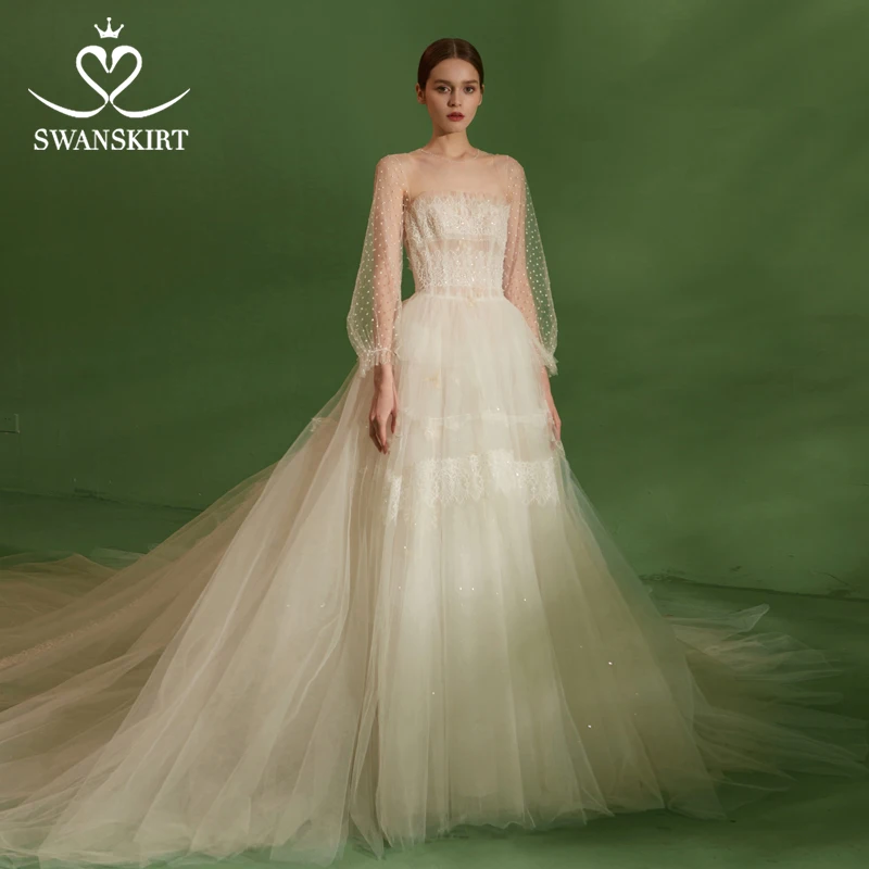 Swanskirt Boho Свадебное платье трапециевидной формы с глубоким вырезом 2019 романтическое Пышное Платье, прозрачная кисея, тюль, платье принцессы