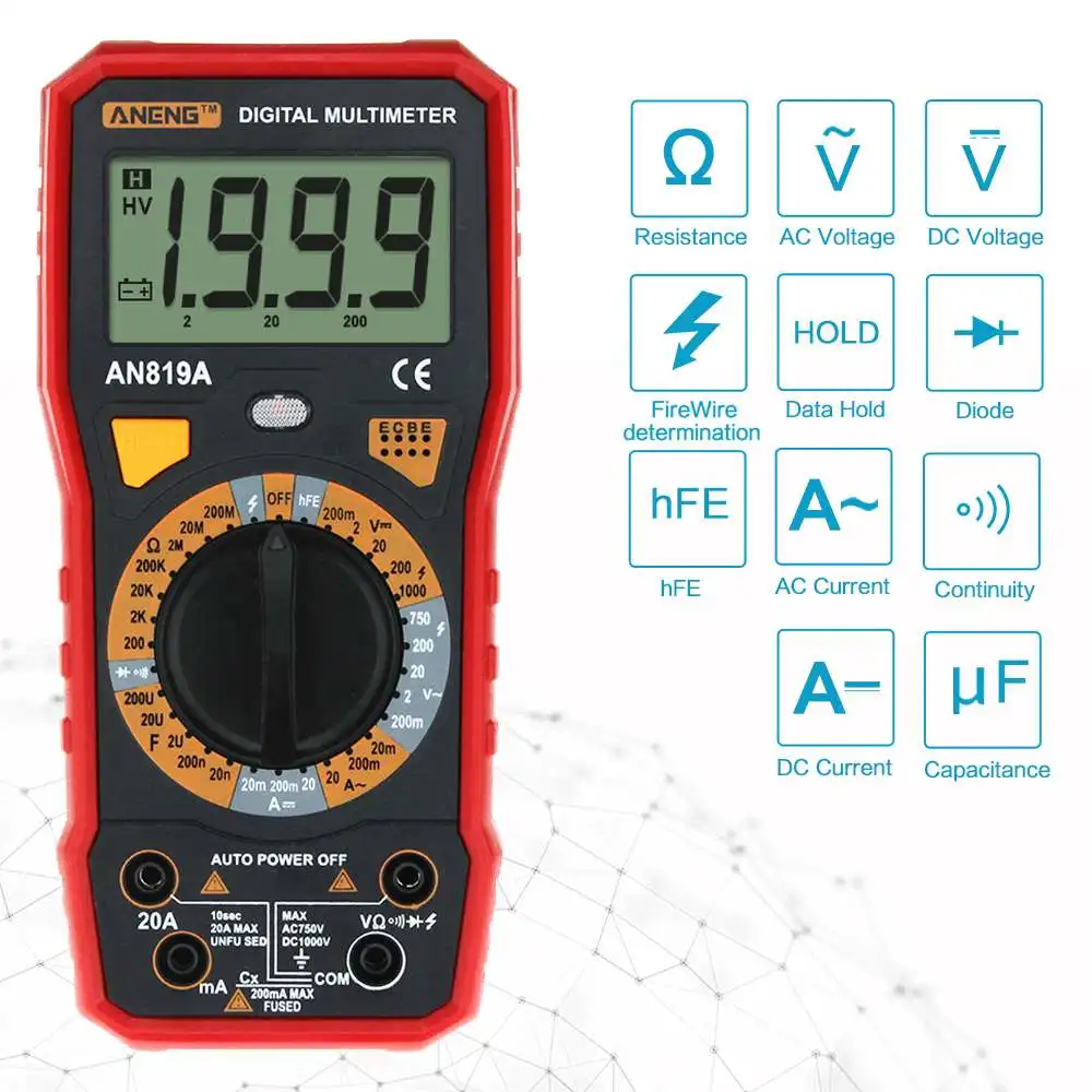 ANENG AN819A цифровой мультиметр AC/DC Напряжение Амперметр Емкость Сопротивление Триод Тестер измеритель тока+ Крокодил Зажимы