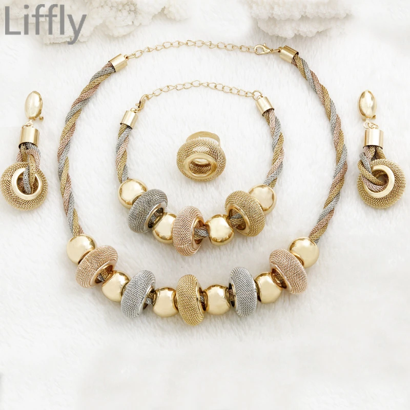 Classic Design Gold Jewelry Sets Necklace Ring Earrings Charm Women
