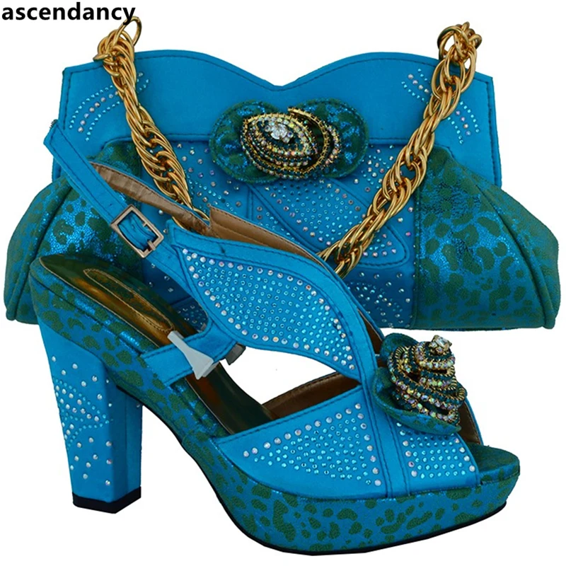 

Sky Blue Color African Women Matching Italian Shoes and Bag Set Decorated with Appliques High Quality Women Shoe and Bag Sets