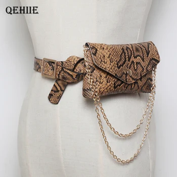

QEHIIE Luxury Serpentine Fanny Pack Women Leather Chain Waist Bag on Belt Fashion Small Phone Pouch Bum Bag Waist Pack heupta