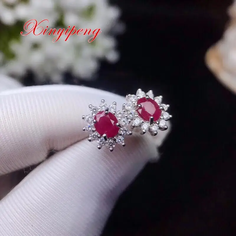 

Xin yi peng 925 silver plated white gold inlaid natural ruby stud earrings Women earrings fine Engagement wedding gift