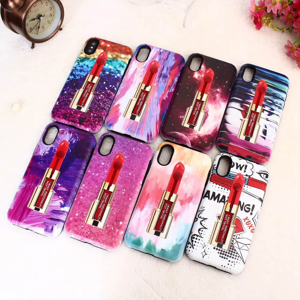 

For iphone X 6 6s 7 8 plus Fashion Lipstick Soft silicon Rig Phone Case For Samsung Galaxy S9 plus Case Hide Stand Holder Cover