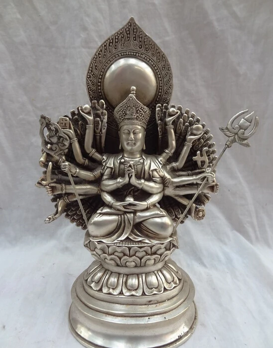 

10" Tibet Silver 1000-Arms Avalokiteshvar a Buddha Bronze Ksitigarbha Statue