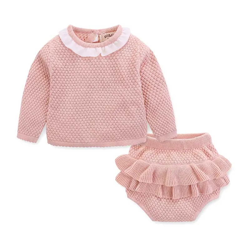 

0-2 Year Old Clothing New 2019 Autumn Baby Girls Suit Knit Cotton Baby Long Sleeve Blouse + Lotus Leaf Shorts Baby Clothing Set