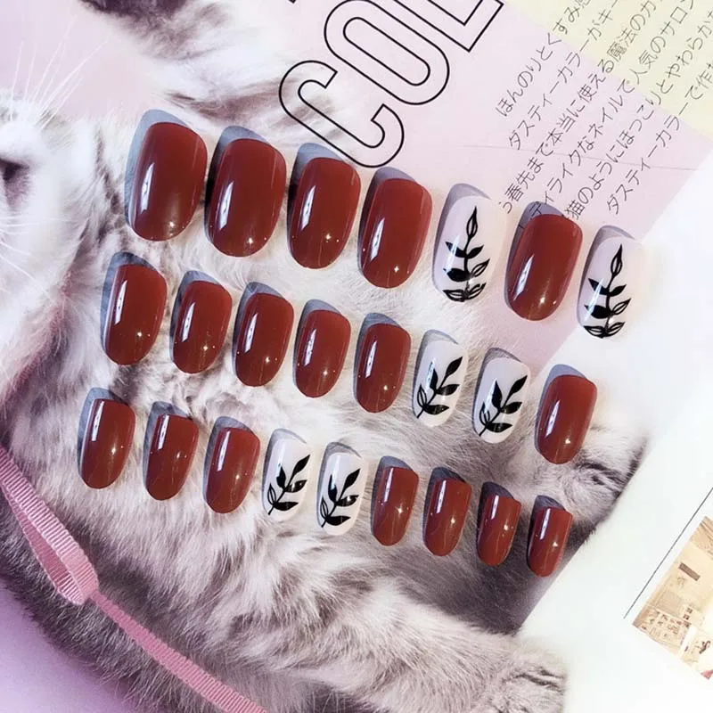 24pcs Set Wine Red Color False Nails Ladies Night Club Party Sexy Nail Tips Girls Leafs Printing Round Head Diy Artificial Nail Aliexpress