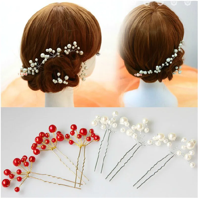 Lnrrabc 2pcs Women Hair Sticks Fashion White Red Simulated Pearls