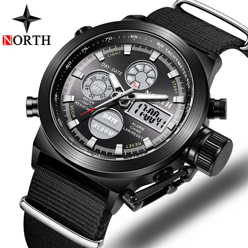 

NORTH Sport Watch Men Military Quartz Watches For Men Analog LED Digital Leather Nylon Men Watches Casual Waterproof Wristwatch