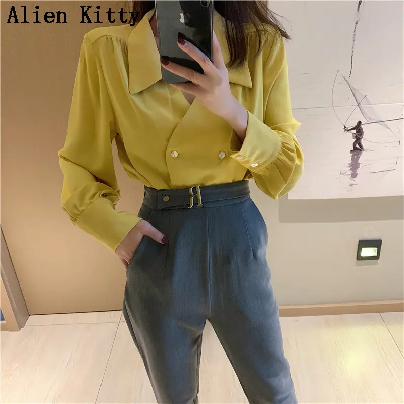 

Alien Kitty Hot Elegant Simple Fresh Casual Solid Loose Spring Double Breasted Female Sweet Long Sleeves Chiffon Shirt 2 Colors