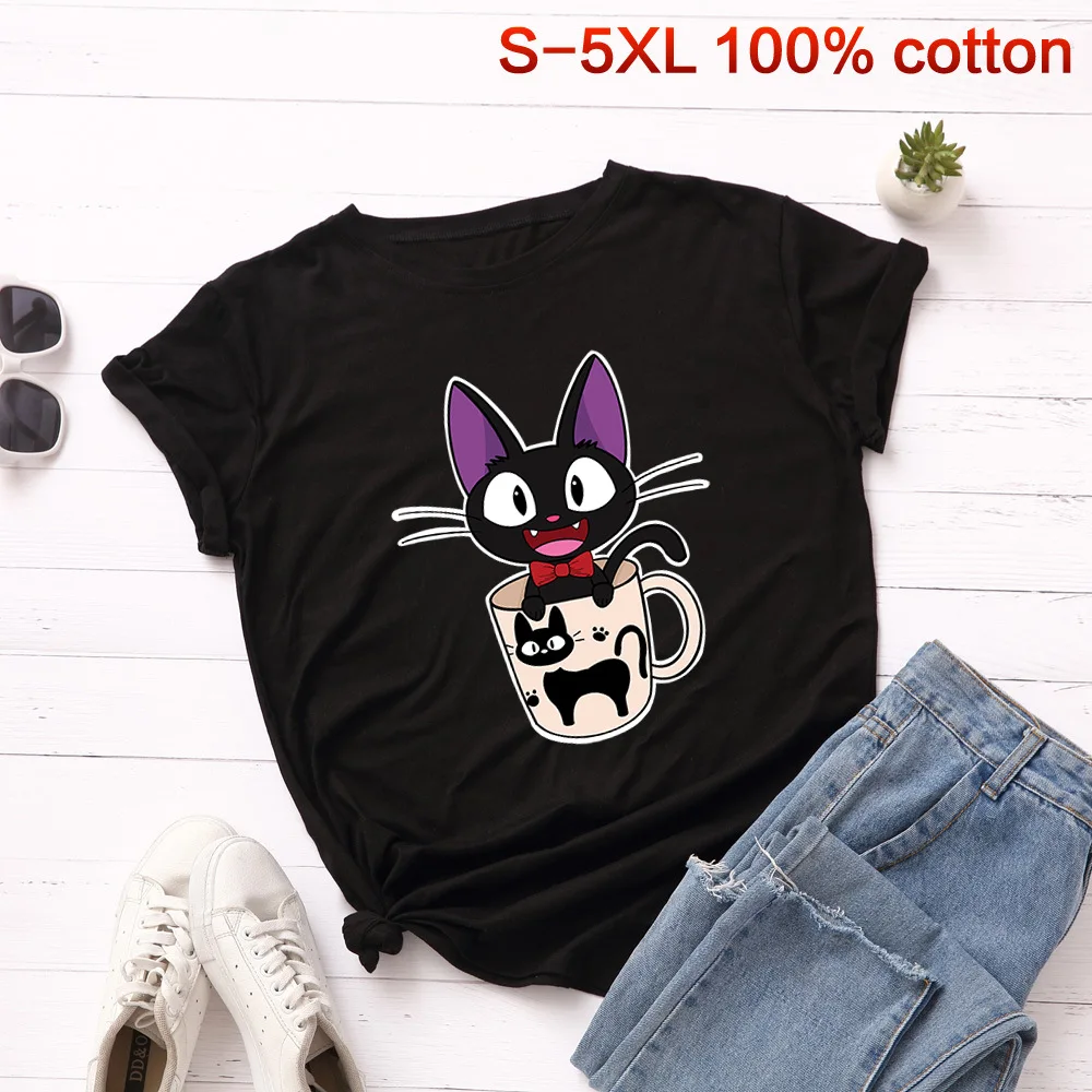 SINGRAIN женская летняя футболка из хлопка с рисунком черного милого кота, S-5XL размера плюс, модные топы с изображением котенка, женская футболка