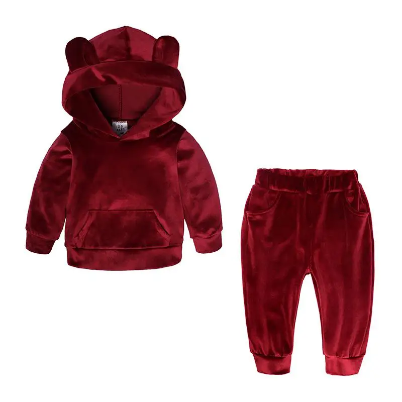 Детская одежда Теплый зимний костюм из двух предметов толстовка с капюшоном+ брюки, комплект осенней вельветовой флисовой спортивной одежды для мальчиков и девочек повседневная одежда - Цвет: honge