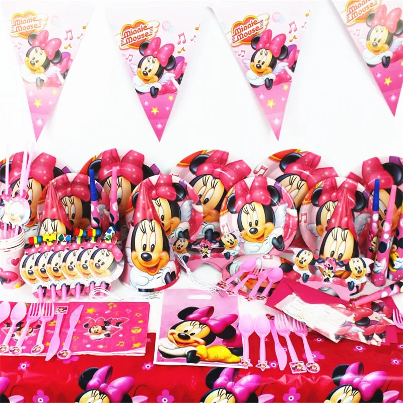 

Disney Minnie Mouse Theme Paper Cup Plate Cap Mask Plastic Straw Gift Bag Boy Girl Birthday Party Baby Shower Decoration Supply