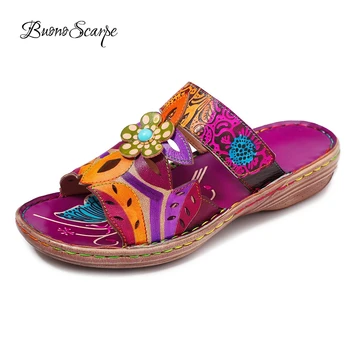 

Buono Scarpe New Summer Bohemian Slippers Fretwork Flat Flowers Ethnic Beach Slippers Carved Open Toe Casual Paya Slides Women
