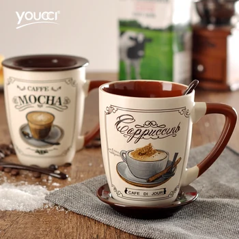 

New European Simple Large Coffee Mug Set With Cover Spoon Ceramic Personalized Drinkware