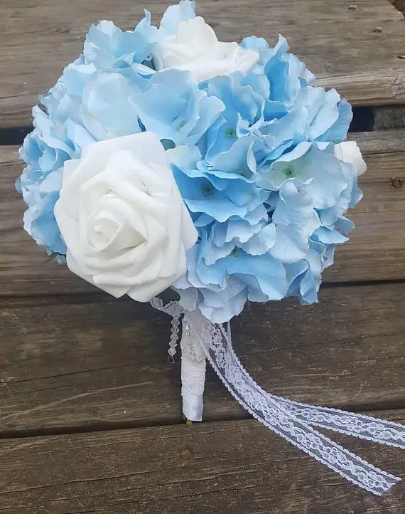 Синий Гортензия Букет невесты с белыми розами и Первоначальный Шарм шелковые свадебные цветы для свадьбу Капри синий букет