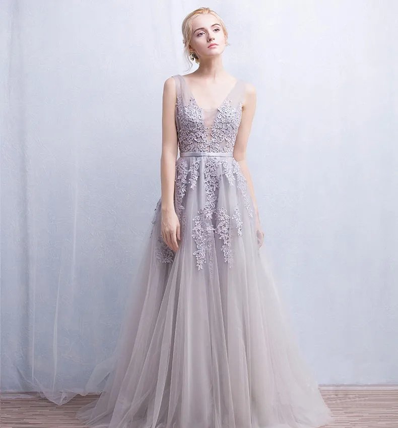 V-neck Lace Appliques Long Tulle Evening Dress