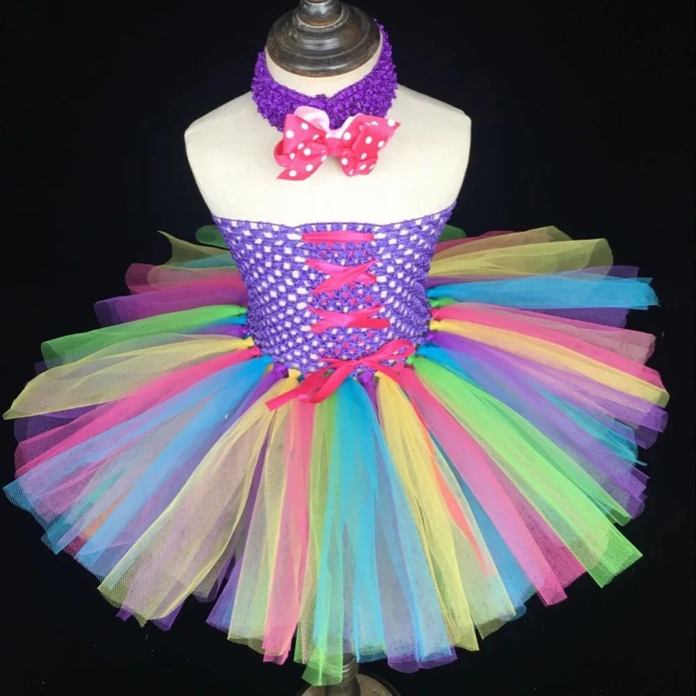 Rainbow Color Girls Ribbon Tutu Dress Baby Fluffy 2Layers Tulle Dress