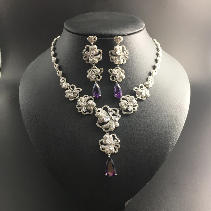 

2019 new fashion flower purple water drop zircon necklace earring jewelry set wedding bride banquet dress jewelry free shipping!