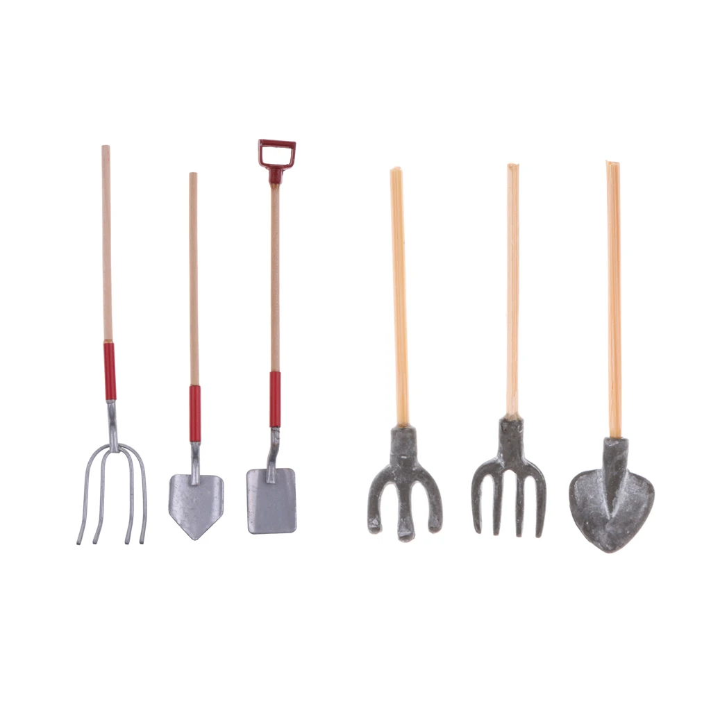 

1:12 Doll House Miniature 6pieces Farming Tools Set Fairy Garden Accessories Pitch Fork Rake And Shovel