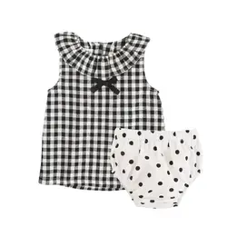 Комплект одежды для маленьких девочек, клетчатая юбка, футболка топы + шорты в горошек, комплект из 2 предметов Одежда для маленьких девочек