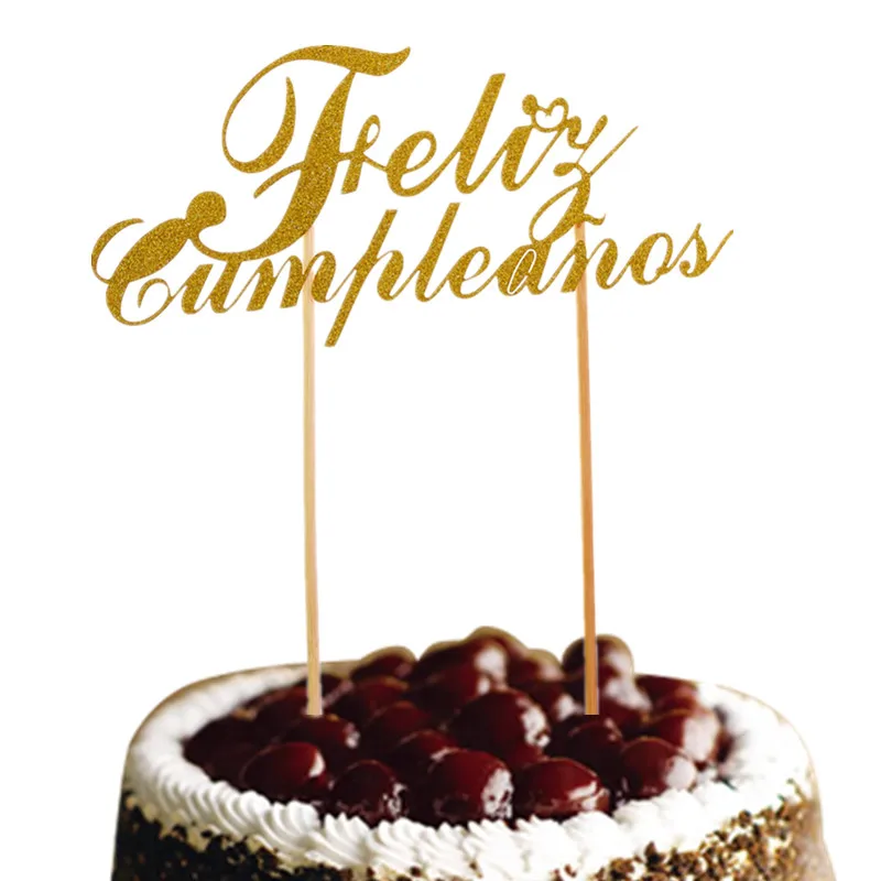 DIY Spainish Feliz Cumpleanos торт флаг Topper с днем рождения Блестящий золотистый Серебристый