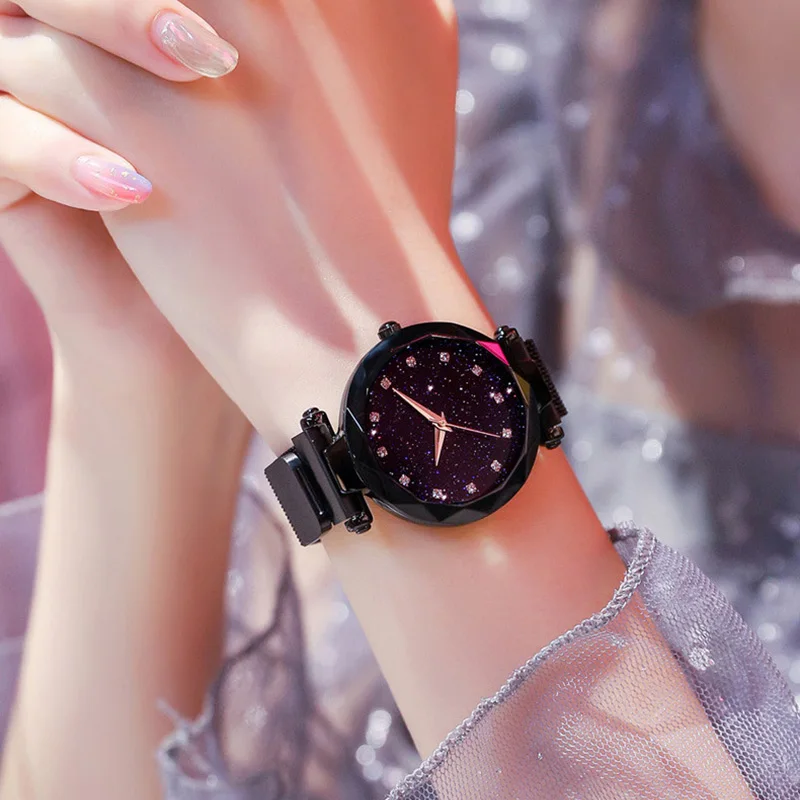 

reloj mujer Luxury ladies watch magnet stainless steel mesh with starry fashion diamond female luminous shining quartz watch Hot