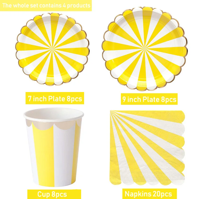 Желтая полоса одноразовые наборы посуды для вечеринки бумажные тарелки салфетки для стаканчиков на день рождения, свадьбу, свадебный душ, украшение детской вечеринки