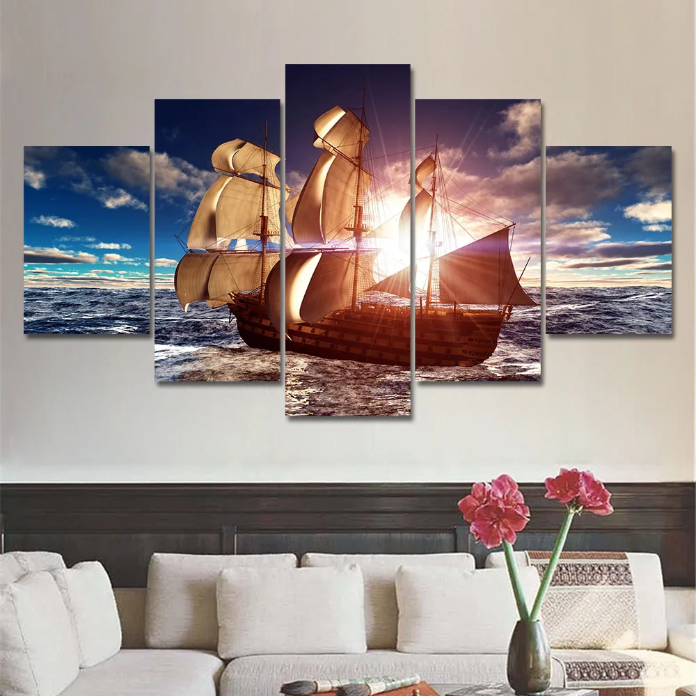 Waliicorners 5 Panel Modern Canvas Prints Sea Boat Sunset Painting Beach Seascape Cuadros Decoracion Wall Picture for Living Room 7