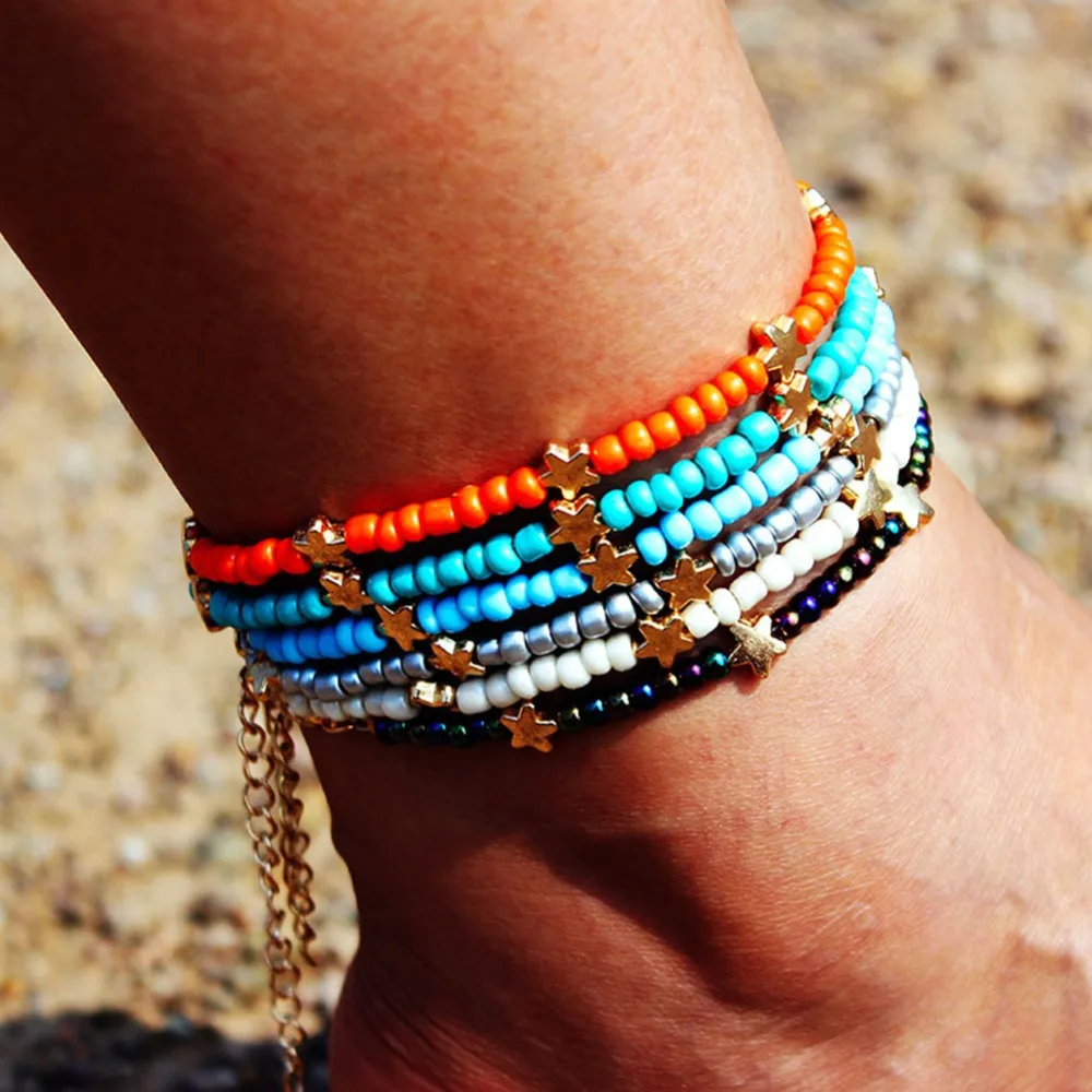 

Multi-color Tiny Natural Stone Beads Anklet Simple Pure Color Ankle Bracelet Star Pendant Anklet Handmade Beach Style Jewelry